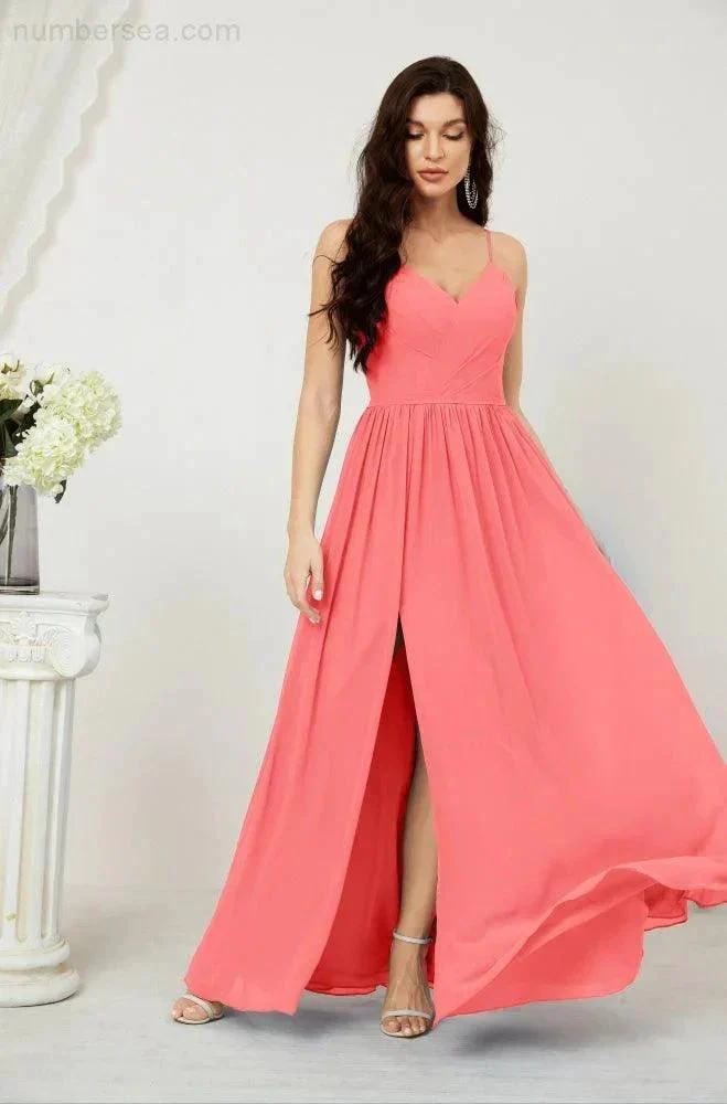 Numbersea  Neck Bridesmaid Dresses Chiffon Long Spaghetti A-line Formal Prom Gown for Wedding Party Evening 2801 - Image 119