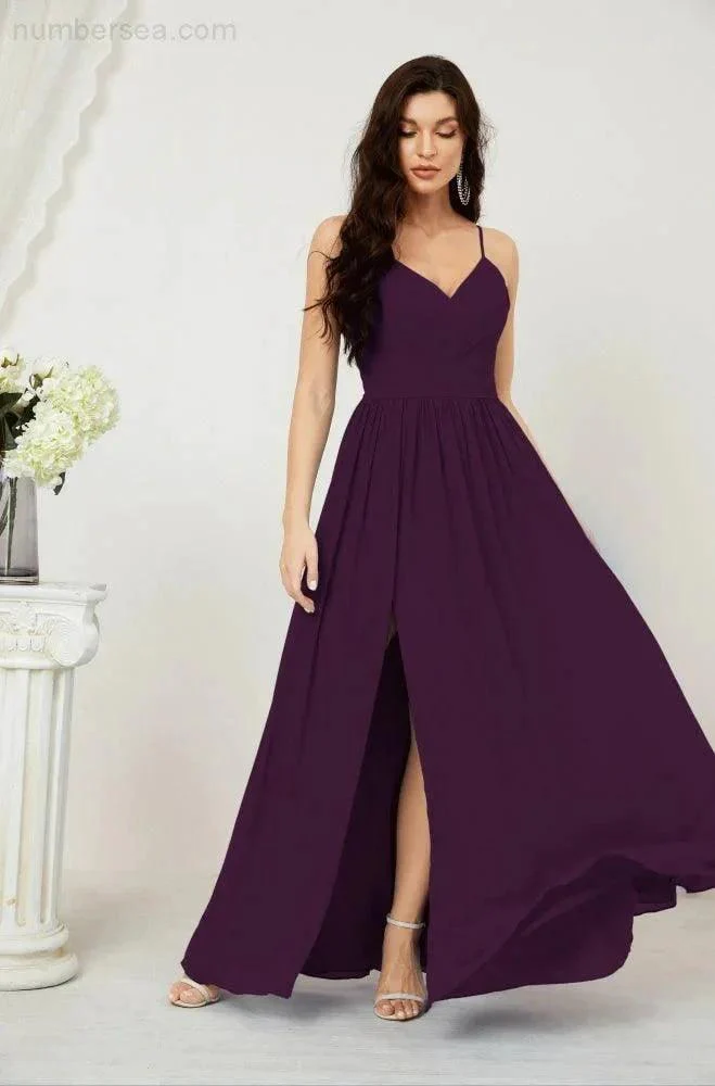 Numbersea  Neck Bridesmaid Dresses Chiffon Long Spaghetti A-line Formal Prom Gown for Wedding Party Evening 2801 - Image 123