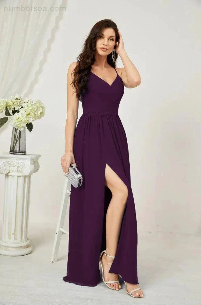 Numbersea  Neck Bridesmaid Dresses Chiffon Long Spaghetti A-line Formal Prom Gown for Wedding Party Evening 2801 - Image 124
