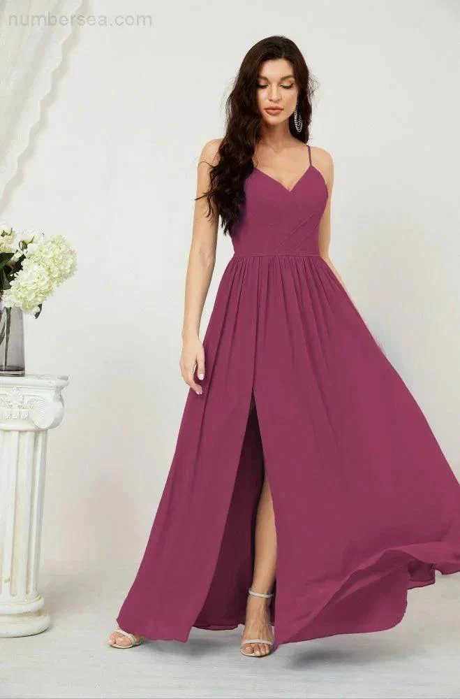 Numbersea  Neck Bridesmaid Dresses Chiffon Long Spaghetti A-line Formal Prom Gown for Wedding Party Evening 2801 - Image 135