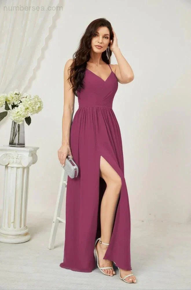 Numbersea  Neck Bridesmaid Dresses Chiffon Long Spaghetti A-line Formal Prom Gown for Wedding Party Evening 2801 - Image 136