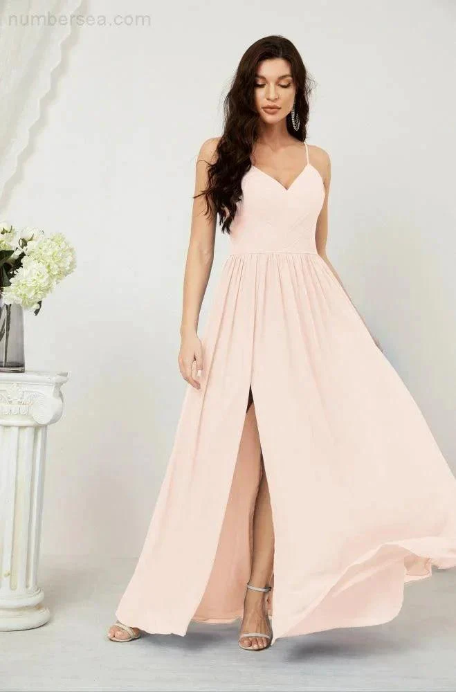 Numbersea  Neck Bridesmaid Dresses Chiffon Long Spaghetti A-line Formal Prom Gown for Wedding Party Evening 2801 - Image 139