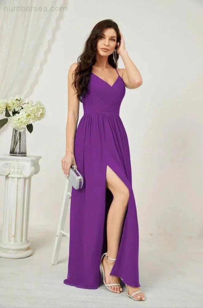 Numbersea  Neck Bridesmaid Dresses Chiffon Long Spaghetti A-line Formal Prom Gown for Wedding Party Evening 2801 - Image 144
