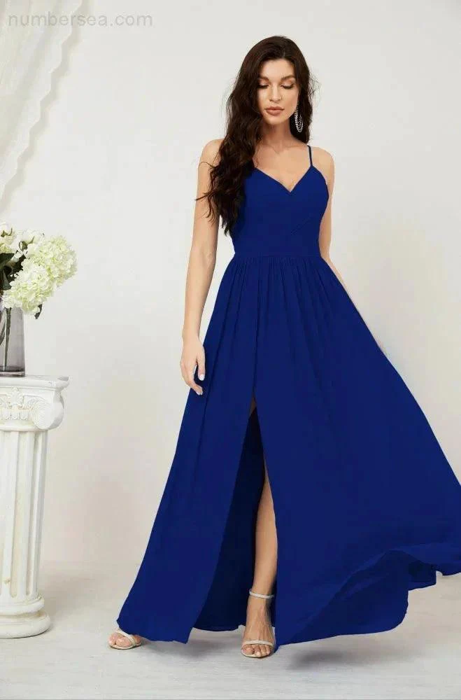 Numbersea  Neck Bridesmaid Dresses Chiffon Long Spaghetti A-line Formal Prom Gown for Wedding Party Evening 2801 - Image 147