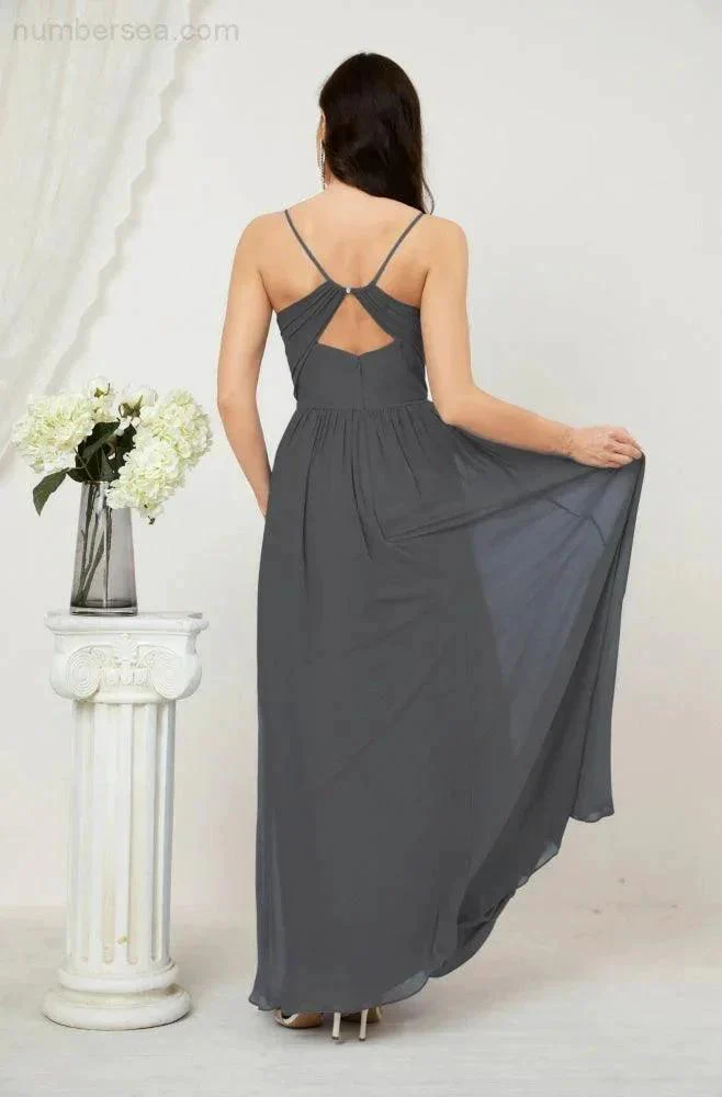 Numbersea  Neck Bridesmaid Dresses Chiffon Long Spaghetti A-line Formal Prom Gown for Wedding Party Evening 2801 - Image 150