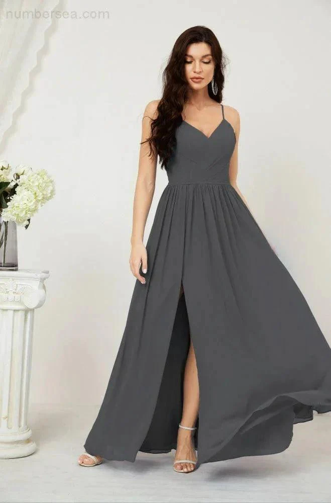 Numbersea  Neck Bridesmaid Dresses Chiffon Long Spaghetti A-line Formal Prom Gown for Wedding Party Evening 2801 - Image 151