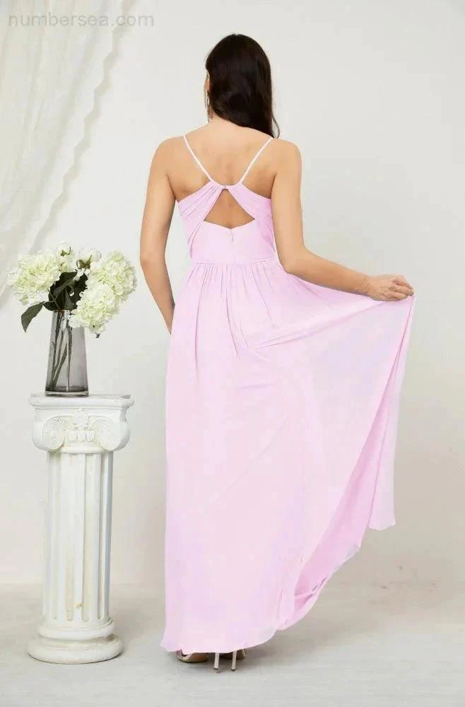 Numbersea  Neck Bridesmaid Dresses Chiffon Long Spaghetti A-line Formal Prom Gown for Wedding Party Evening 2801 - Image 154