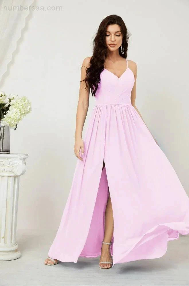 Numbersea  Neck Bridesmaid Dresses Chiffon Long Spaghetti A-line Formal Prom Gown for Wedding Party Evening 2801 - Image 155