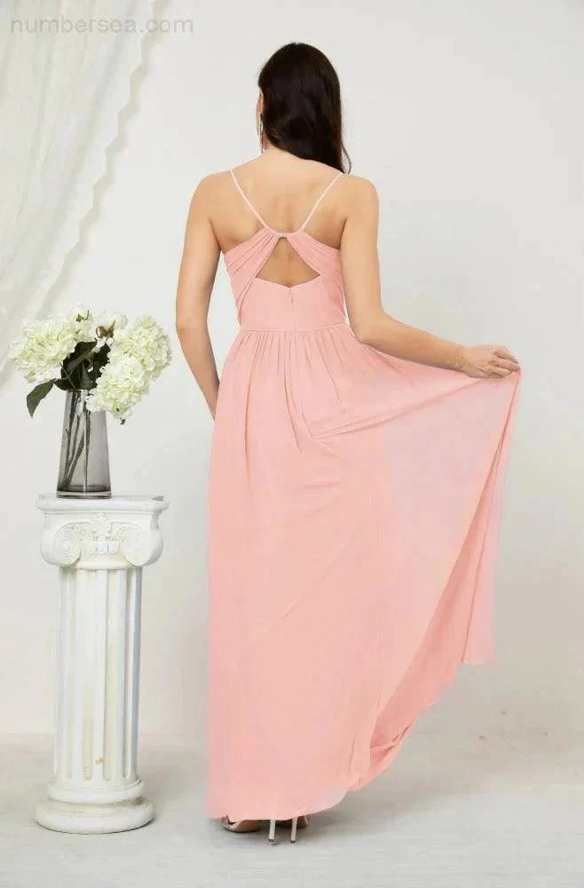 Numbersea  Neck Bridesmaid Dresses Chiffon Long Spaghetti A-line Formal Prom Gown for Wedding Party Evening 2801 - Image 158