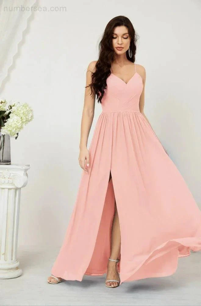 Numbersea  Neck Bridesmaid Dresses Chiffon Long Spaghetti A-line Formal Prom Gown for Wedding Party Evening 2801 - Image 159