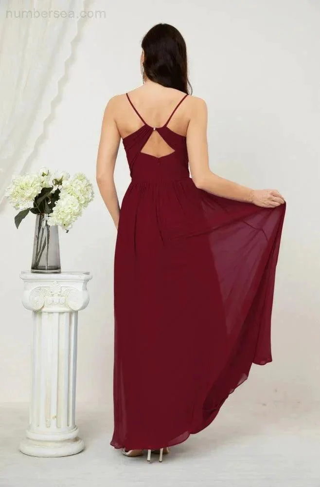 Numbersea  Neck Bridesmaid Dresses Chiffon Long Spaghetti A-line Formal Prom Gown for Wedding Party Evening 2801 - Image 162
