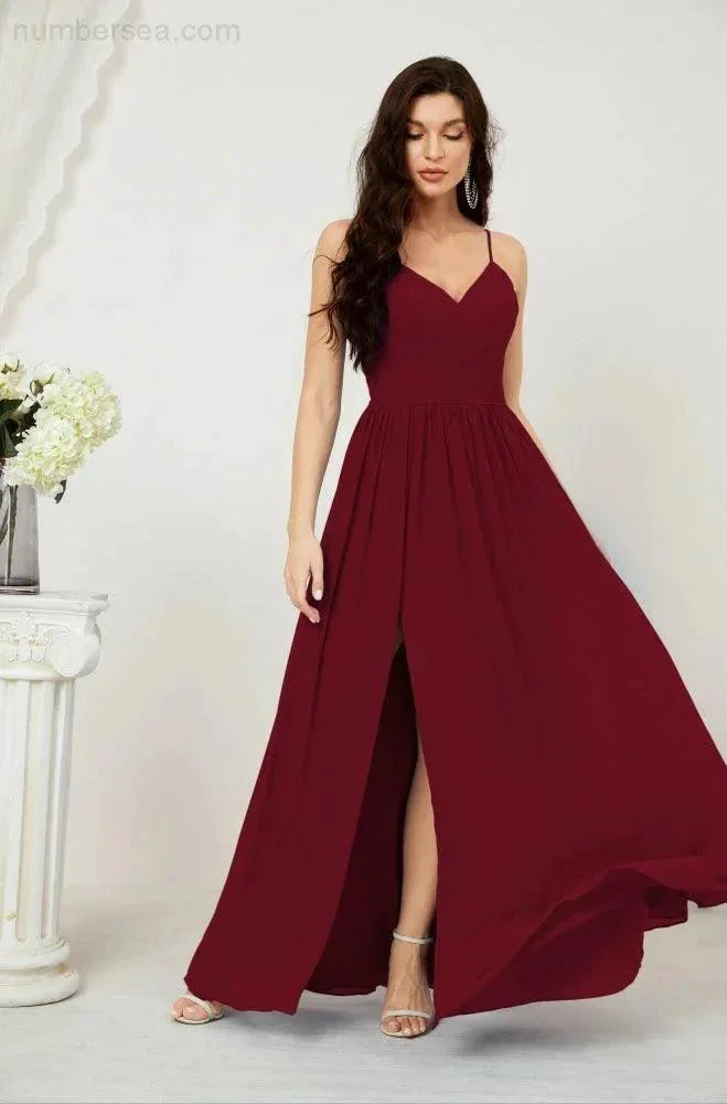 Numbersea  Neck Bridesmaid Dresses Chiffon Long Spaghetti A-line Formal Prom Gown for Wedding Party Evening 2801 - Image 163