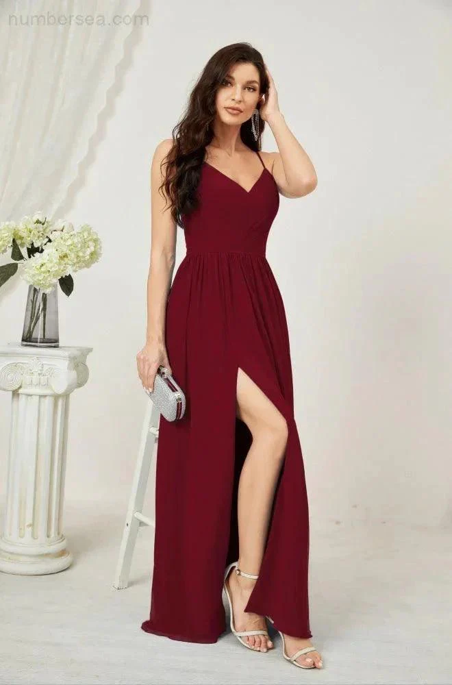Numbersea  Neck Bridesmaid Dresses Chiffon Long Spaghetti A-line Formal Prom Gown for Wedding Party Evening 2801 - Image 164