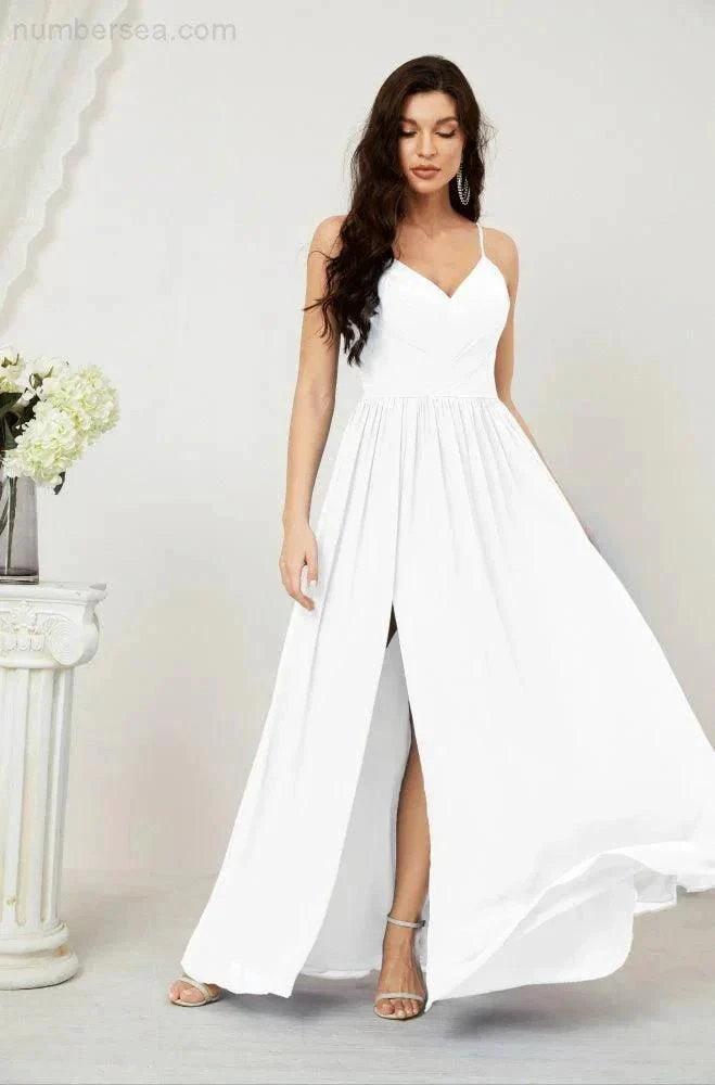 Numbersea  Neck Bridesmaid Dresses Chiffon Long Spaghetti A-line Formal Prom Gown for Wedding Party Evening 2801 - Image 167