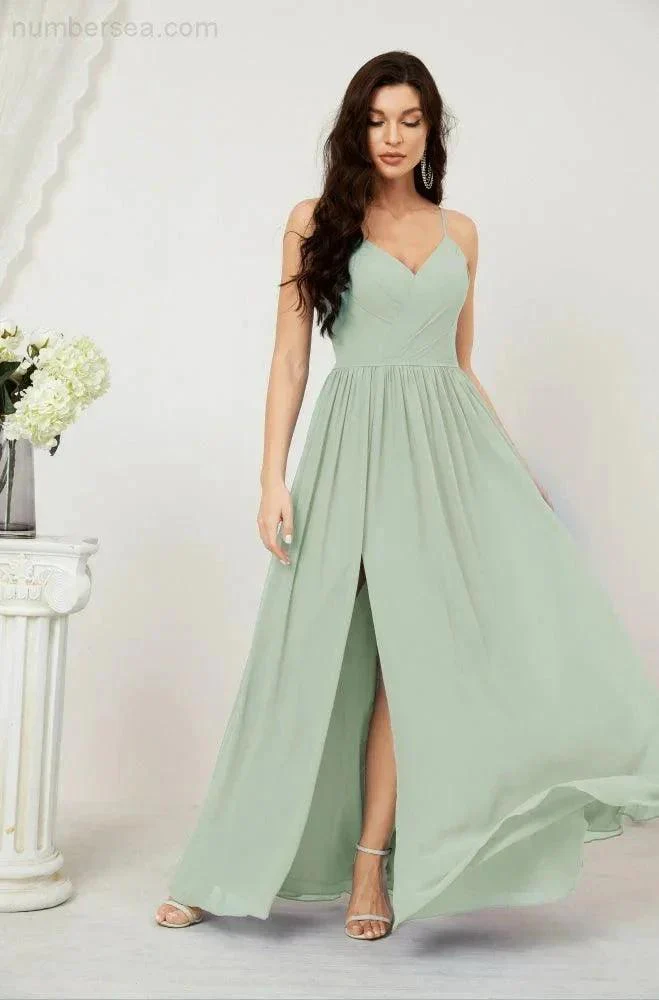 Numbersea  Neck Bridesmaid Dresses Chiffon Long Spaghetti A-line Formal Prom Gown for Wedding Party Evening 2801 - Image 19