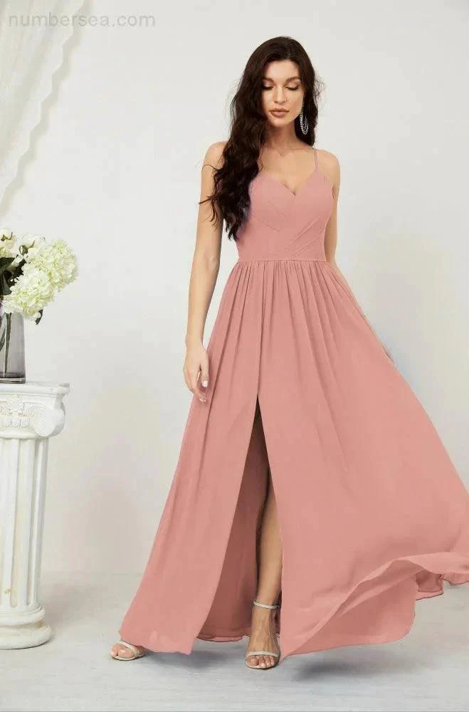 Numbersea  Neck Bridesmaid Dresses Chiffon Long Spaghetti A-line Formal Prom Gown for Wedding Party Evening 2801 - Image 23