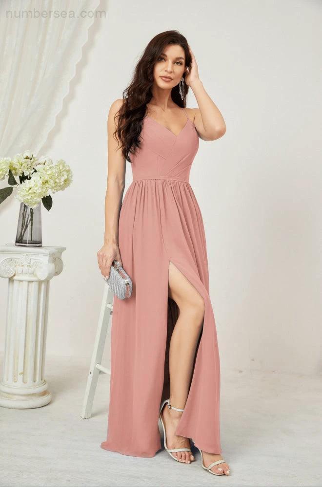 Numbersea  Neck Bridesmaid Dresses Chiffon Long Spaghetti A-line Formal Prom Gown for Wedding Party Evening 2801 - Image 24