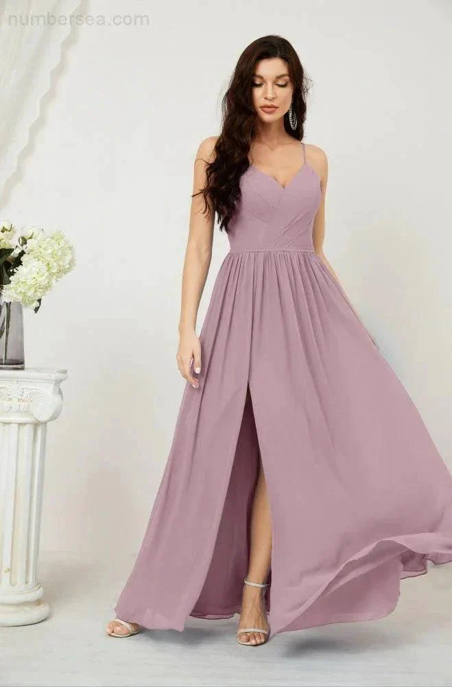 Numbersea  Neck Bridesmaid Dresses Chiffon Long Spaghetti A-line Formal Prom Gown for Wedding Party Evening 2801 - Image 3