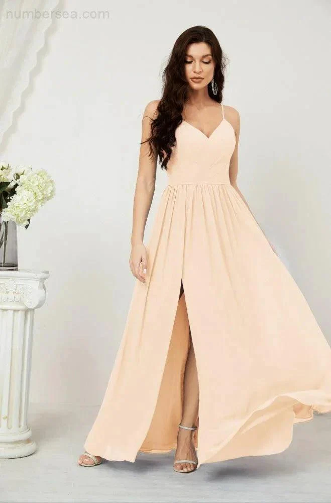 Numbersea  Neck Bridesmaid Dresses Chiffon Long Spaghetti A-line Formal Prom Gown for Wedding Party Evening 2801 - Image 31