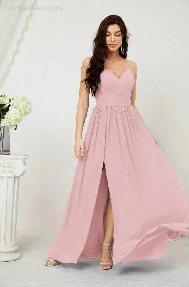 Numbersea  Neck Bridesmaid Dresses Chiffon Long Spaghetti A-line Formal Prom Gown for Wedding Party Evening 2801 - Image 35