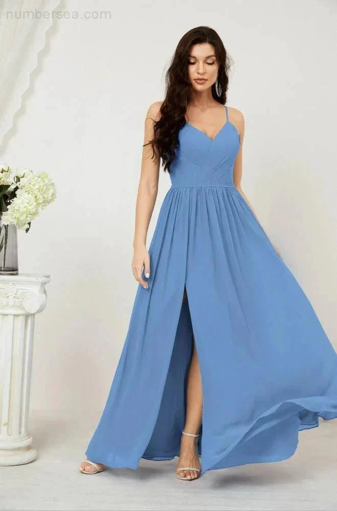 Numbersea  Neck Bridesmaid Dresses Chiffon Long Spaghetti A-line Formal Prom Gown for Wedding Party Evening 2801 - Image 39