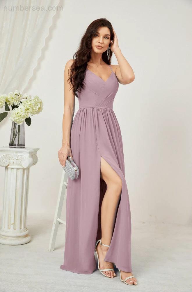 Numbersea  Neck Bridesmaid Dresses Chiffon Long Spaghetti A-line Formal Prom Gown for Wedding Party Evening 2801 - Image 4