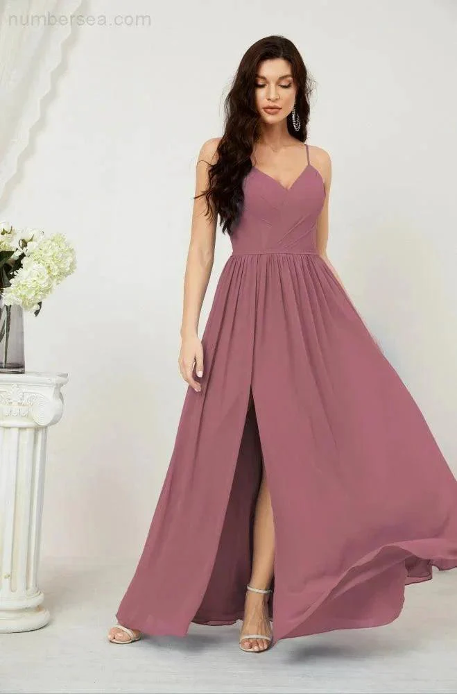 Numbersea  Neck Bridesmaid Dresses Chiffon Long Spaghetti A-line Formal Prom Gown for Wedding Party Evening 2801 - Image 43