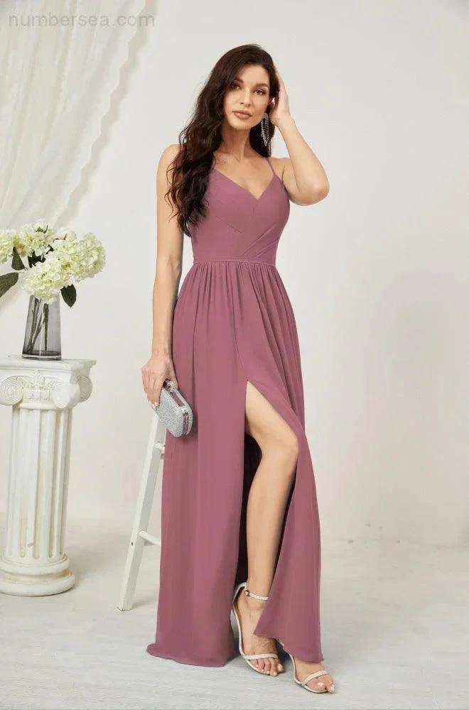 Numbersea  Neck Bridesmaid Dresses Chiffon Long Spaghetti A-line Formal Prom Gown for Wedding Party Evening 2801 - Image 44