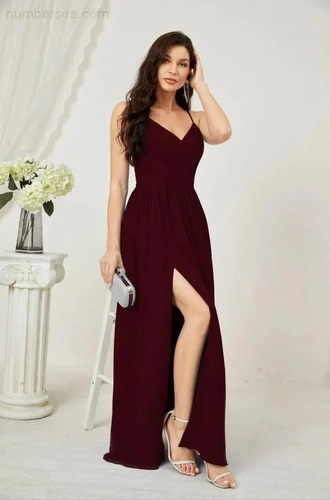 Numbersea  Neck Bridesmaid Dresses Chiffon Long Spaghetti A-line Formal Prom Gown for Wedding Party Evening 2801 - Image 48