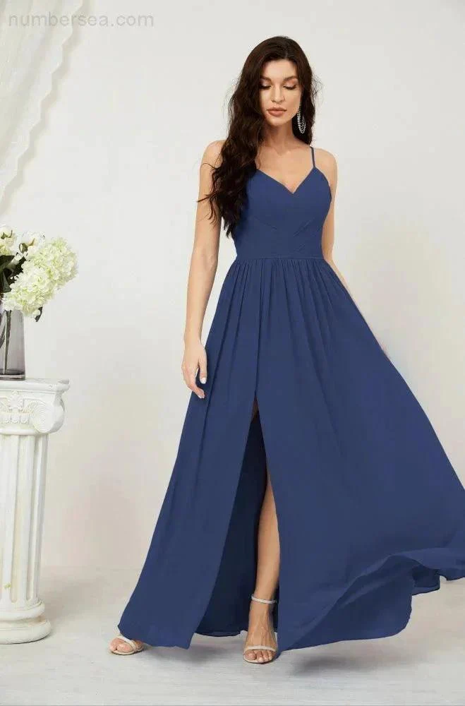 Numbersea  Neck Bridesmaid Dresses Chiffon Long Spaghetti A-line Formal Prom Gown for Wedding Party Evening 2801 - Image 51