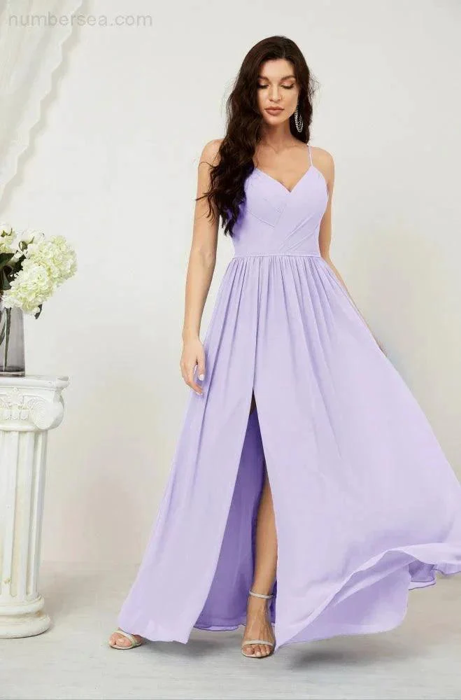 Numbersea  Neck Bridesmaid Dresses Chiffon Long Spaghetti A-line Formal Prom Gown for Wedding Party Evening 2801 - Image 55