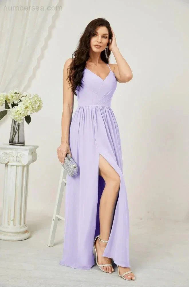 Numbersea  Neck Bridesmaid Dresses Chiffon Long Spaghetti A-line Formal Prom Gown for Wedding Party Evening 2801 - Image 56