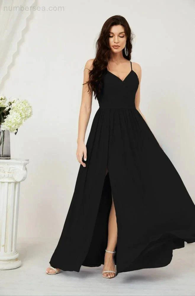 Numbersea  Neck Bridesmaid Dresses Chiffon Long Spaghetti A-line Formal Prom Gown for Wedding Party Evening 2801 - Image 59