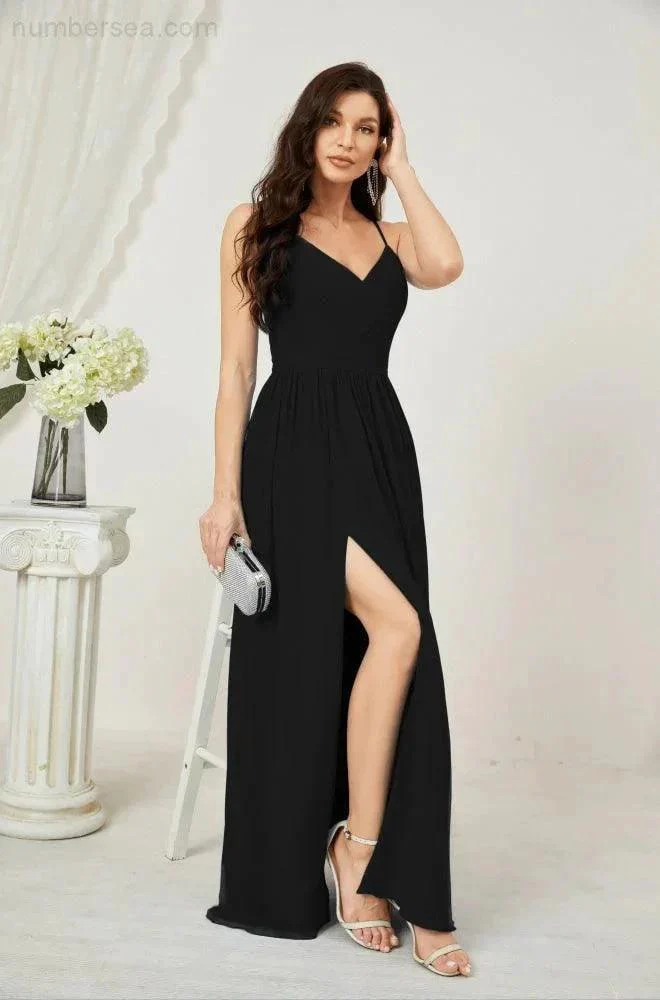 Numbersea  Neck Bridesmaid Dresses Chiffon Long Spaghetti A-line Formal Prom Gown for Wedding Party Evening 2801 - Image 60
