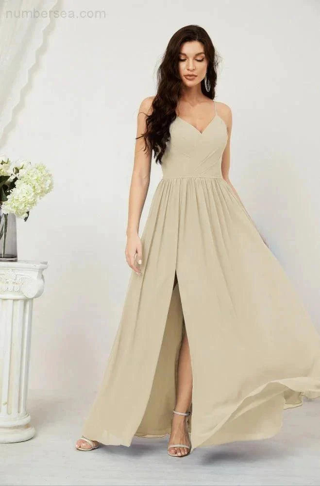 Numbersea  Neck Bridesmaid Dresses Chiffon Long Spaghetti A-line Formal Prom Gown for Wedding Party Evening 2801 - Image 63