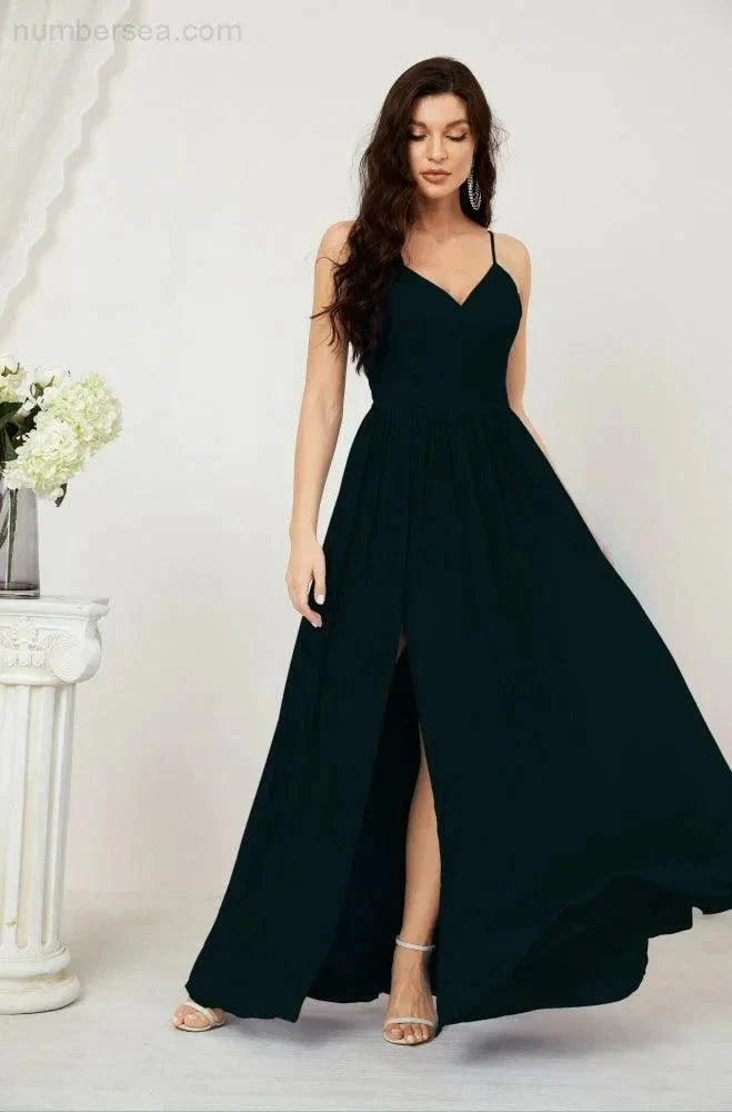 Numbersea  Neck Bridesmaid Dresses Chiffon Long Spaghetti A-line Formal Prom Gown for Wedding Party Evening 2801 - Image 67