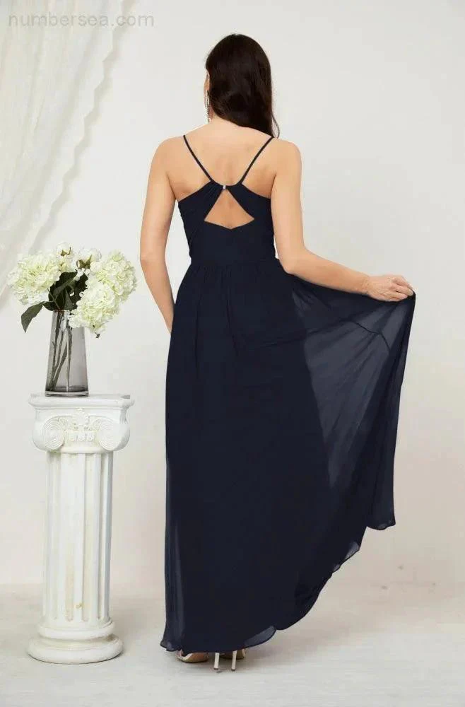 Numbersea  Neck Bridesmaid Dresses Chiffon Long Spaghetti A-line Formal Prom Gown for Wedding Party Evening 2801 - Image 70