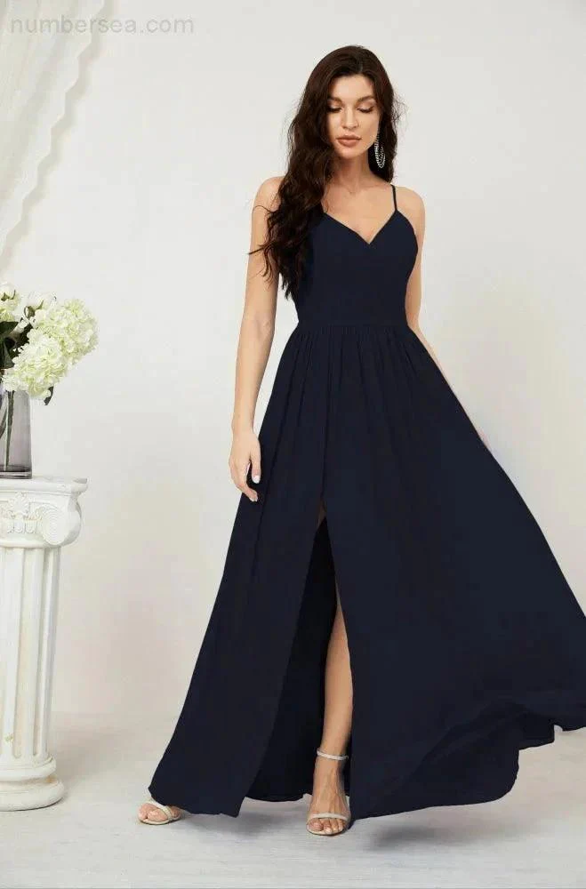 Numbersea  Neck Bridesmaid Dresses Chiffon Long Spaghetti A-line Formal Prom Gown for Wedding Party Evening 2801 - Image 71