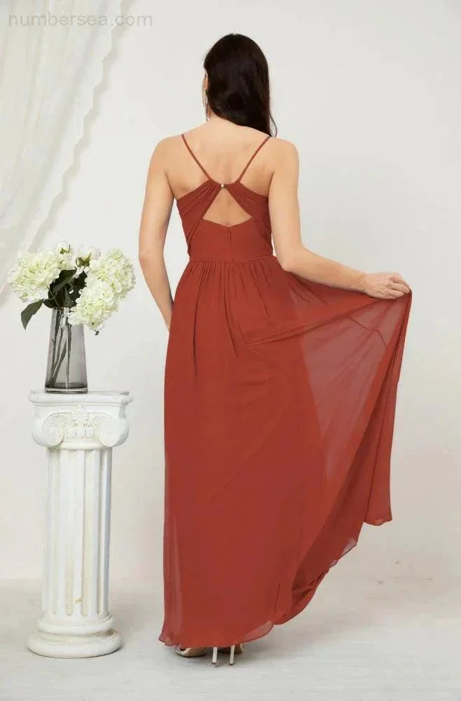 Numbersea  Neck Bridesmaid Dresses Chiffon Long Spaghetti A-line Formal Prom Gown for Wedding Party Evening 2801 - Image 74