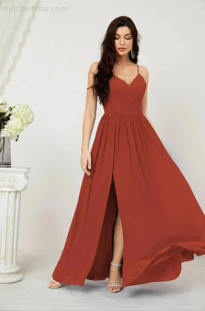 Numbersea  Neck Bridesmaid Dresses Chiffon Long Spaghetti A-line Formal Prom Gown for Wedding Party Evening 2801 - Image 75