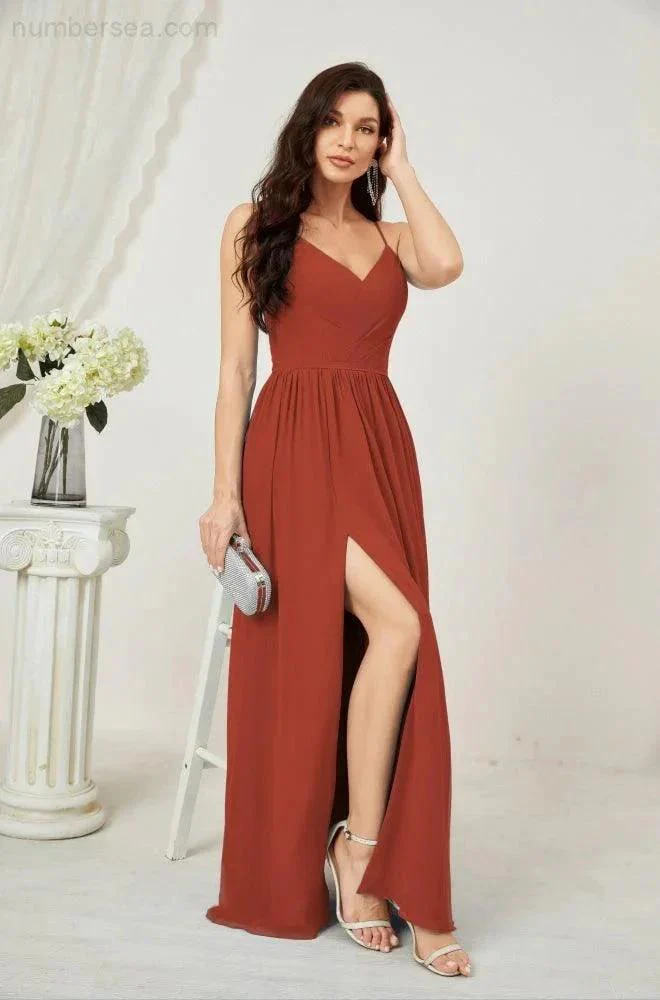 Numbersea  Neck Bridesmaid Dresses Chiffon Long Spaghetti A-line Formal Prom Gown for Wedding Party Evening 2801 - Image 76