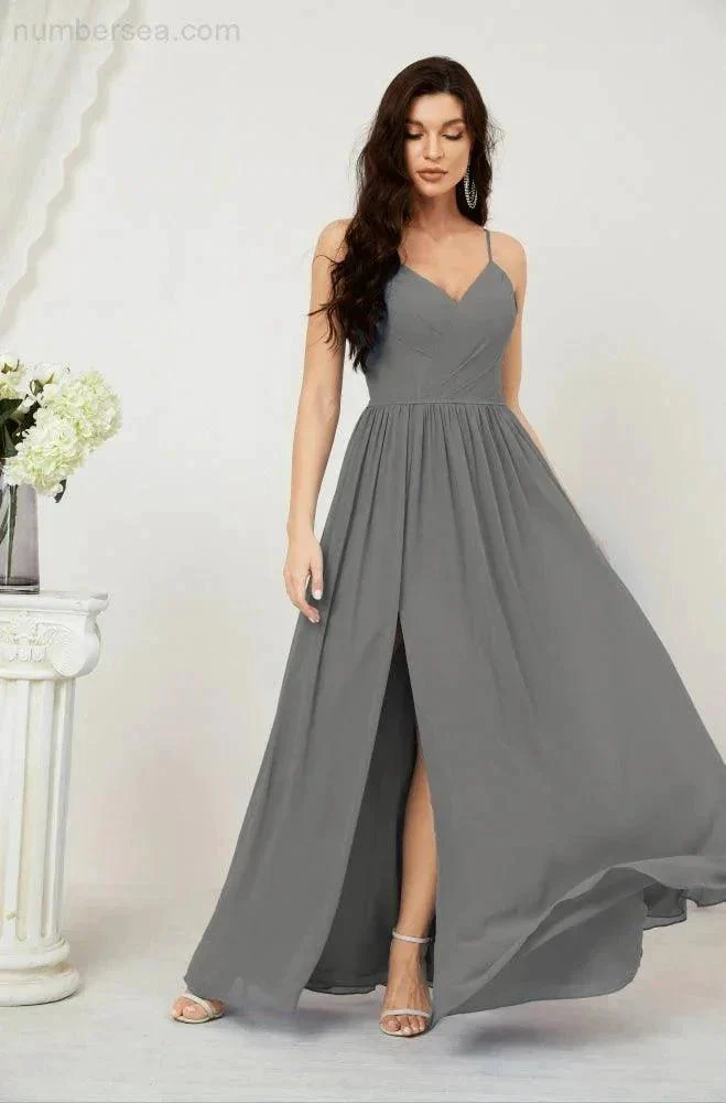Numbersea  Neck Bridesmaid Dresses Chiffon Long Spaghetti A-line Formal Prom Gown for Wedding Party Evening 2801 - Image 79