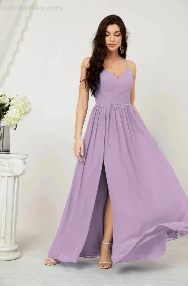 Numbersea  Neck Bridesmaid Dresses Chiffon Long Spaghetti A-line Formal Prom Gown for Wedding Party Evening 2801 - Image 83