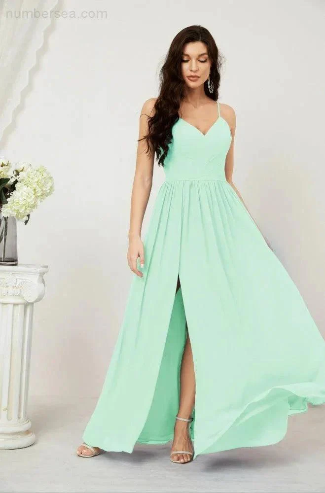 Numbersea  Neck Bridesmaid Dresses Chiffon Long Spaghetti A-line Formal Prom Gown for Wedding Party Evening 2801 - Image 87