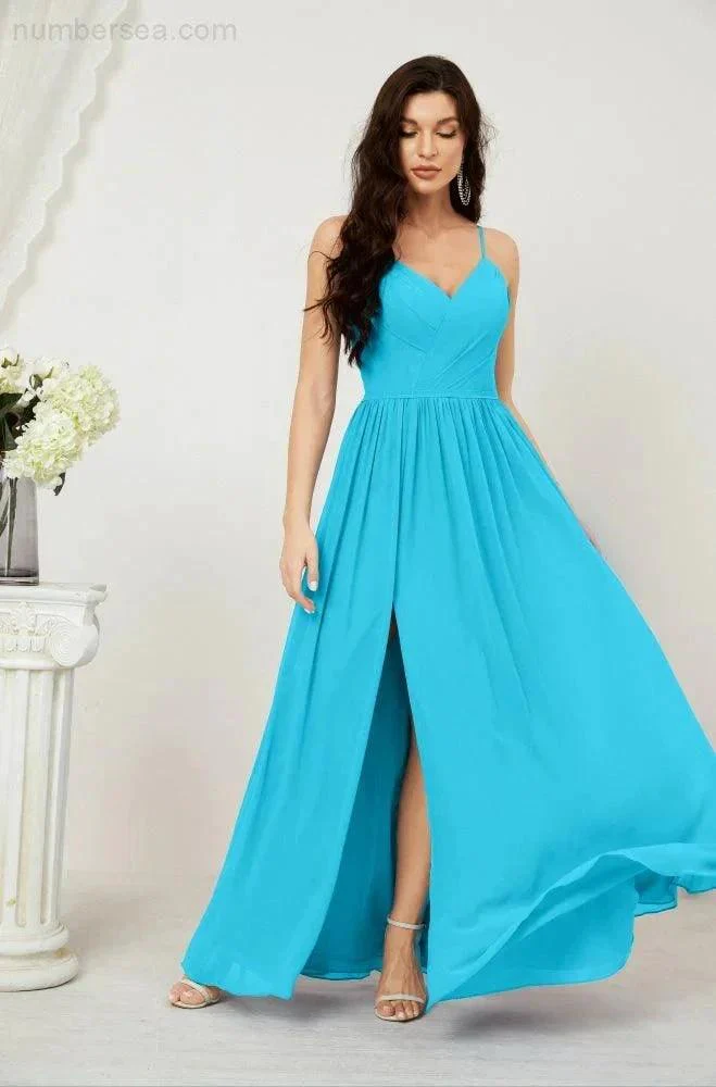 Numbersea  Neck Bridesmaid Dresses Chiffon Long Spaghetti A-line Formal Prom Gown for Wedding Party Evening 2801 - Image 91