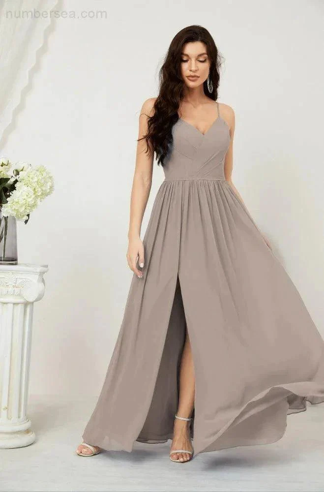 Numbersea  Neck Bridesmaid Dresses Chiffon Long Spaghetti A-line Formal Prom Gown for Wedding Party Evening 2801 - Image 95