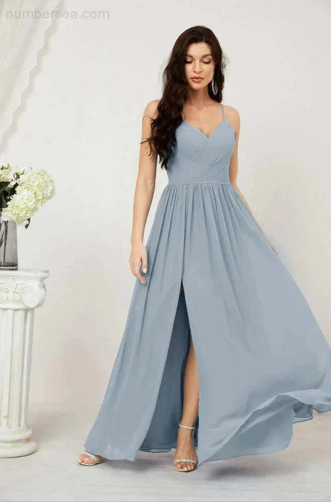 Numbersea  Neck Bridesmaid Dresses Chiffon Long Spaghetti A-line Formal Prom Gown for Wedding Party Evening 2801 - Image 99