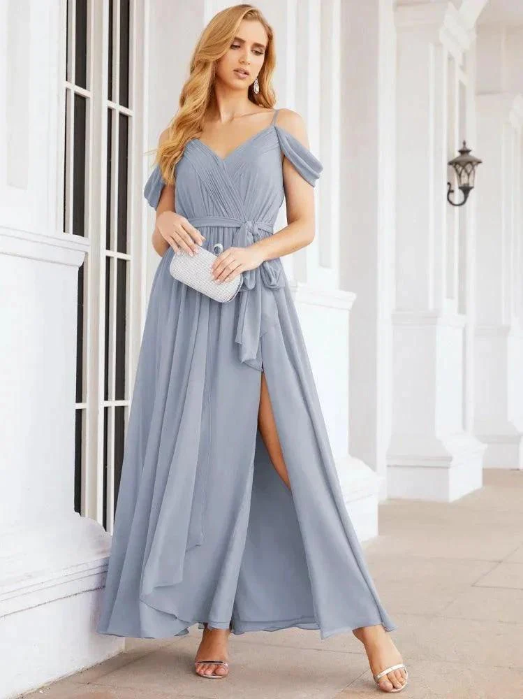 Numbersea Off The Shoulder Chiffon Bridesmaid Dress Long Formal Graduation Gown with Cowl Back 28069 - Image 10