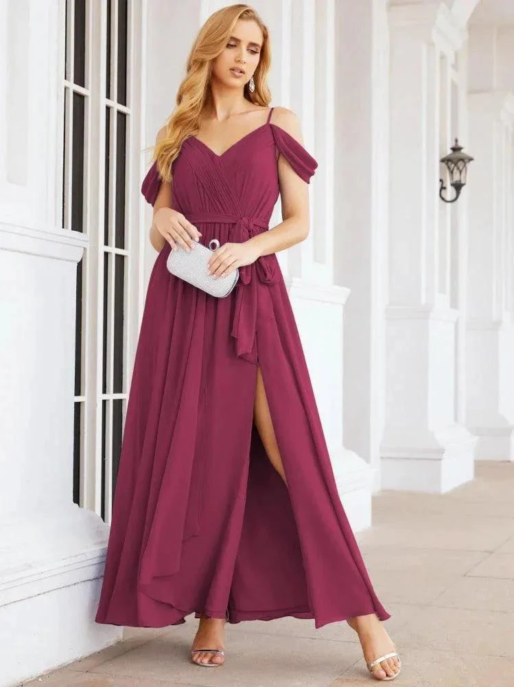Numbersea Off The Shoulder Chiffon Bridesmaid Dress Long Formal Graduation Gown with Cowl Back 28069 - Image 100
