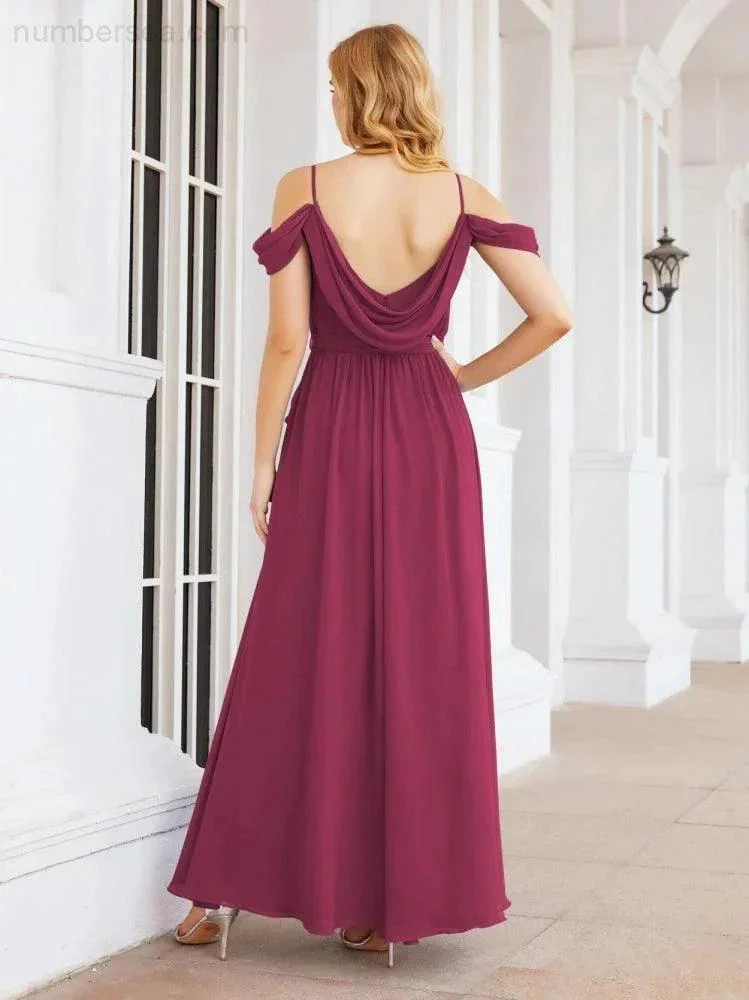 Numbersea Off The Shoulder Chiffon Bridesmaid Dress Long Formal Graduation Gown with Cowl Back 28069 - Image 101